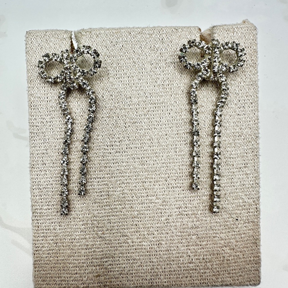 Vintage Clear White Rhinestone Bowknot Silver-Tone Retro Dangle Drop Earrings